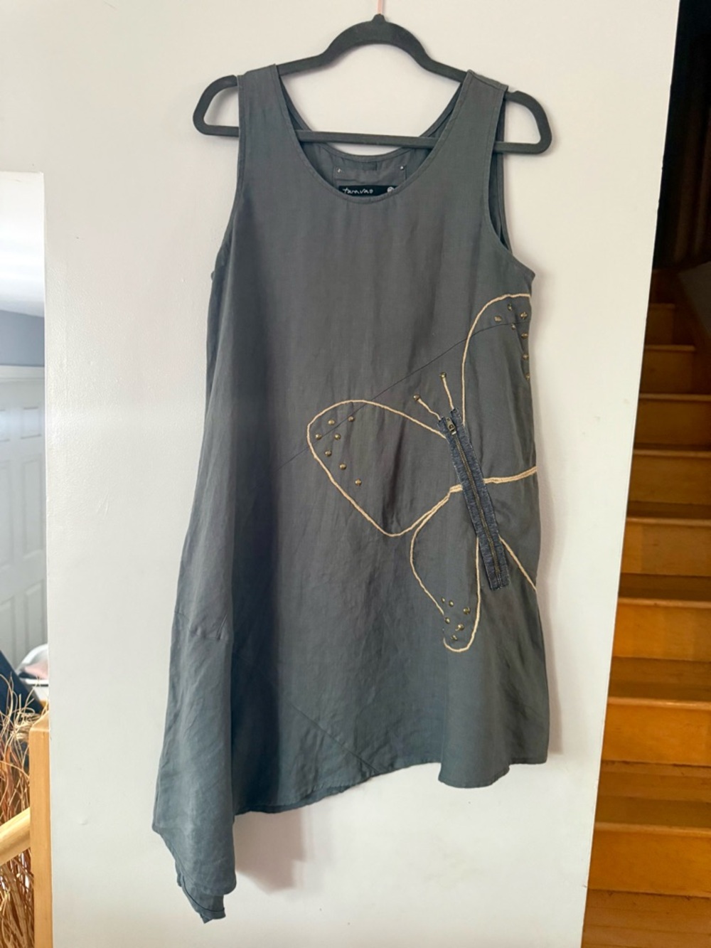 🌿Taravao Asymmetrical Sleeveless Dress with Butterfly Detail Charcoal 100% Linen